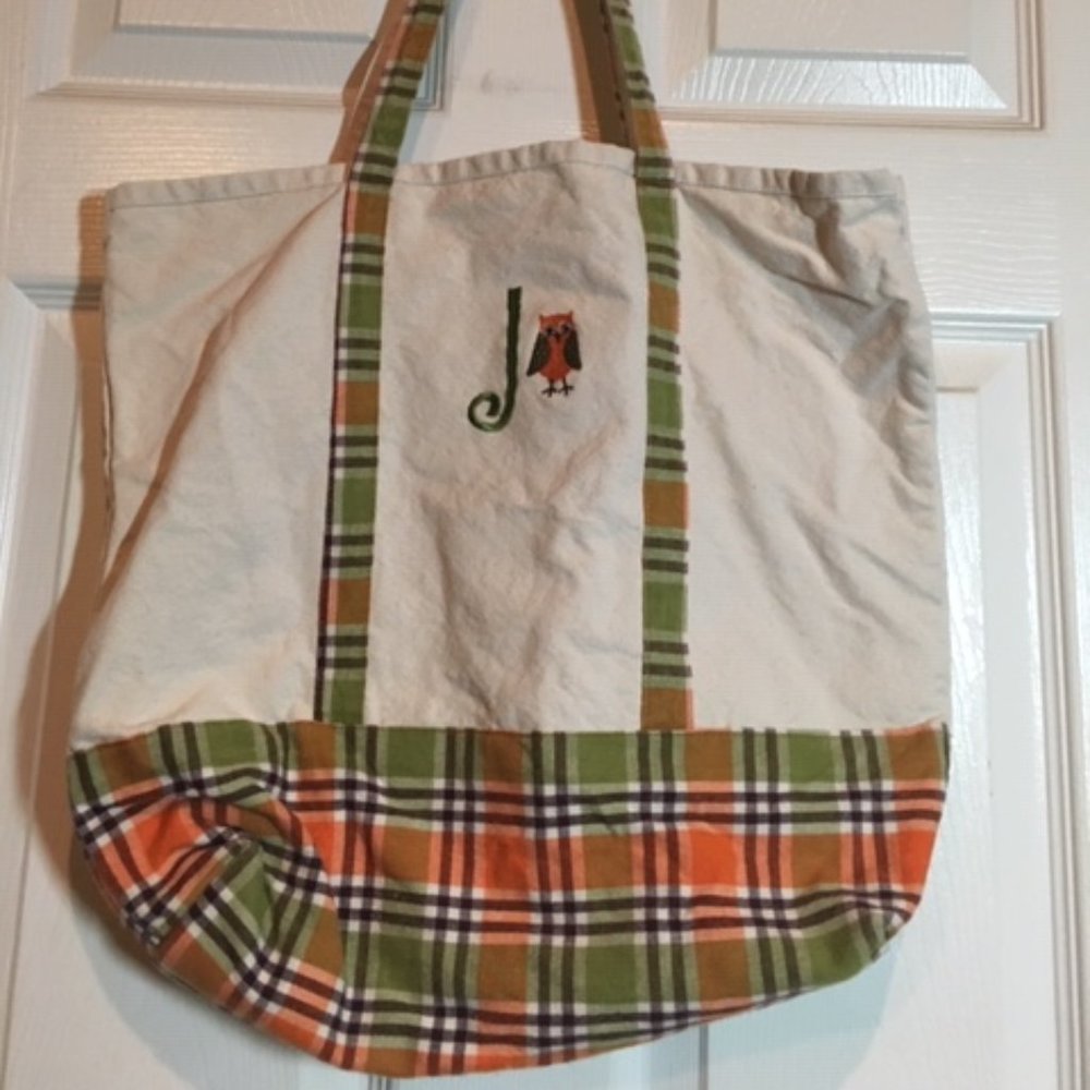 "J" Embroidered Owl Plaid Canvas Large Tote Bag 17" x 13"